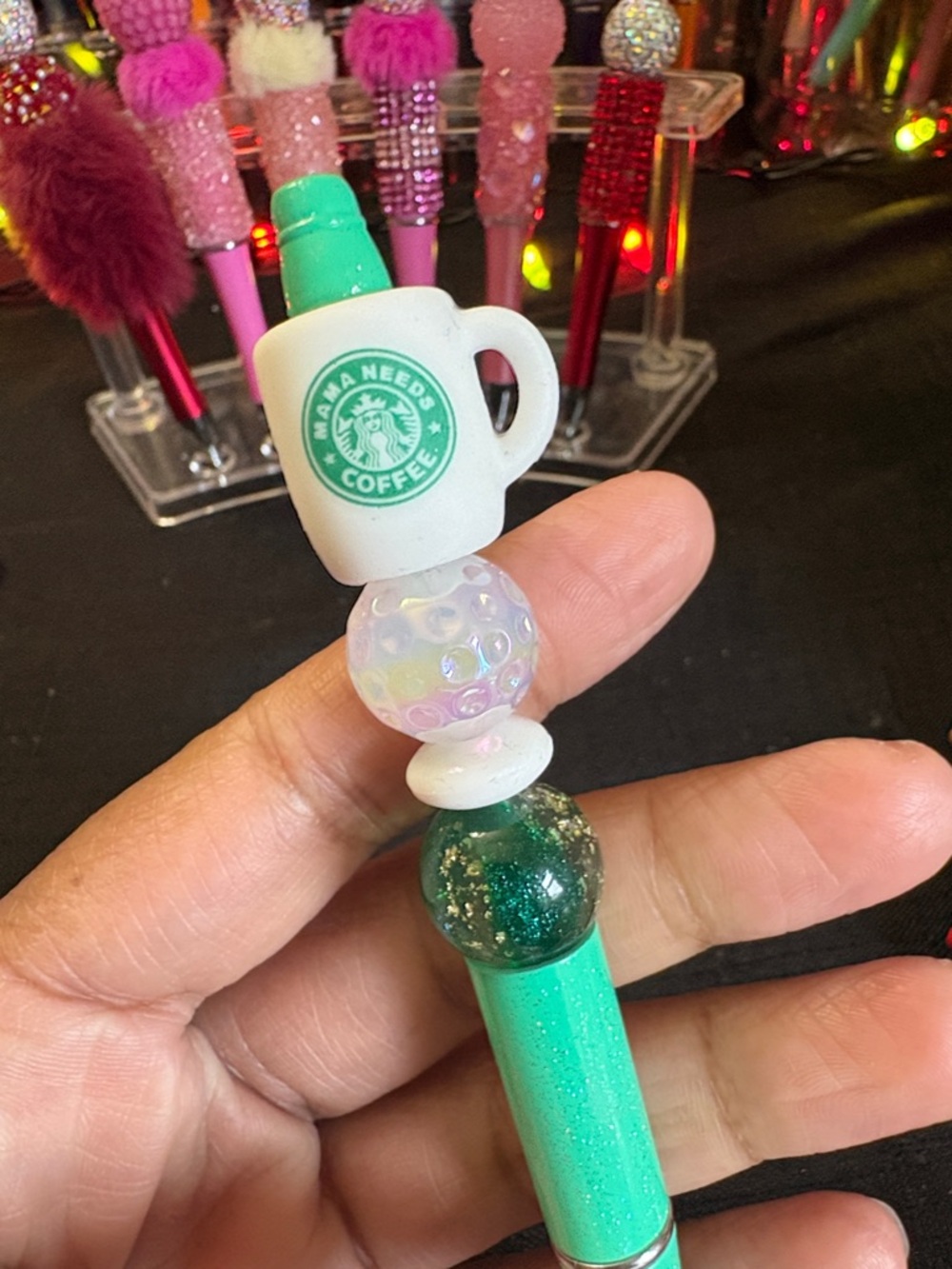 Green Glitter Pen with 'Mama Needs Coffee' Mug Charm